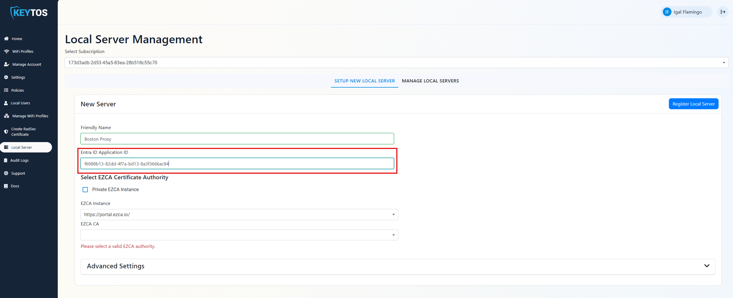 Paste Application ID into EZRADIUS