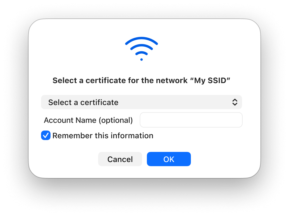 macOS Wi-Fi connection prompt asking to Select a certificate for the network for the RADIUS server certificate