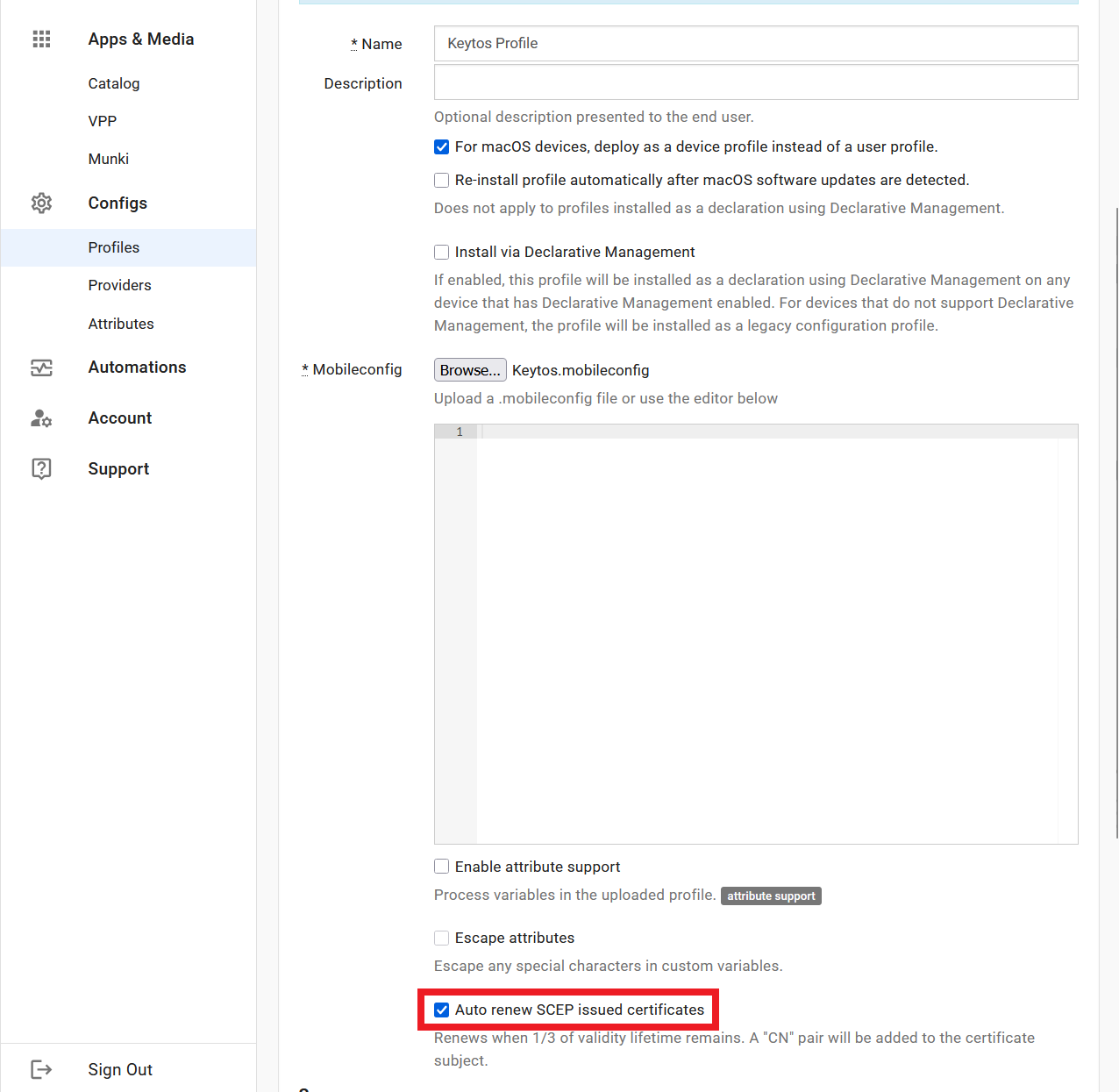 Enable Auto Renew SCEP Certificates