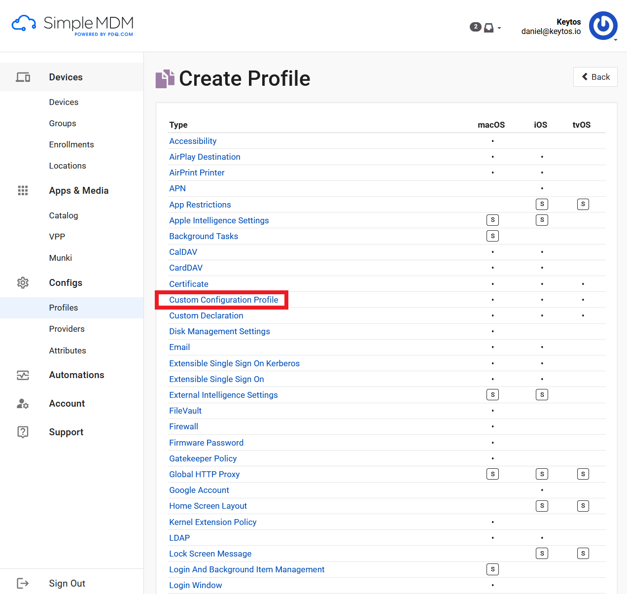 Select Custom Configuration Profile