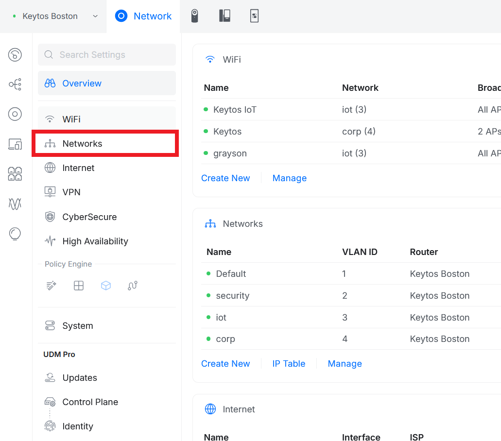 Ubiquiti UniFi Controller Settings with Networks page highlighted