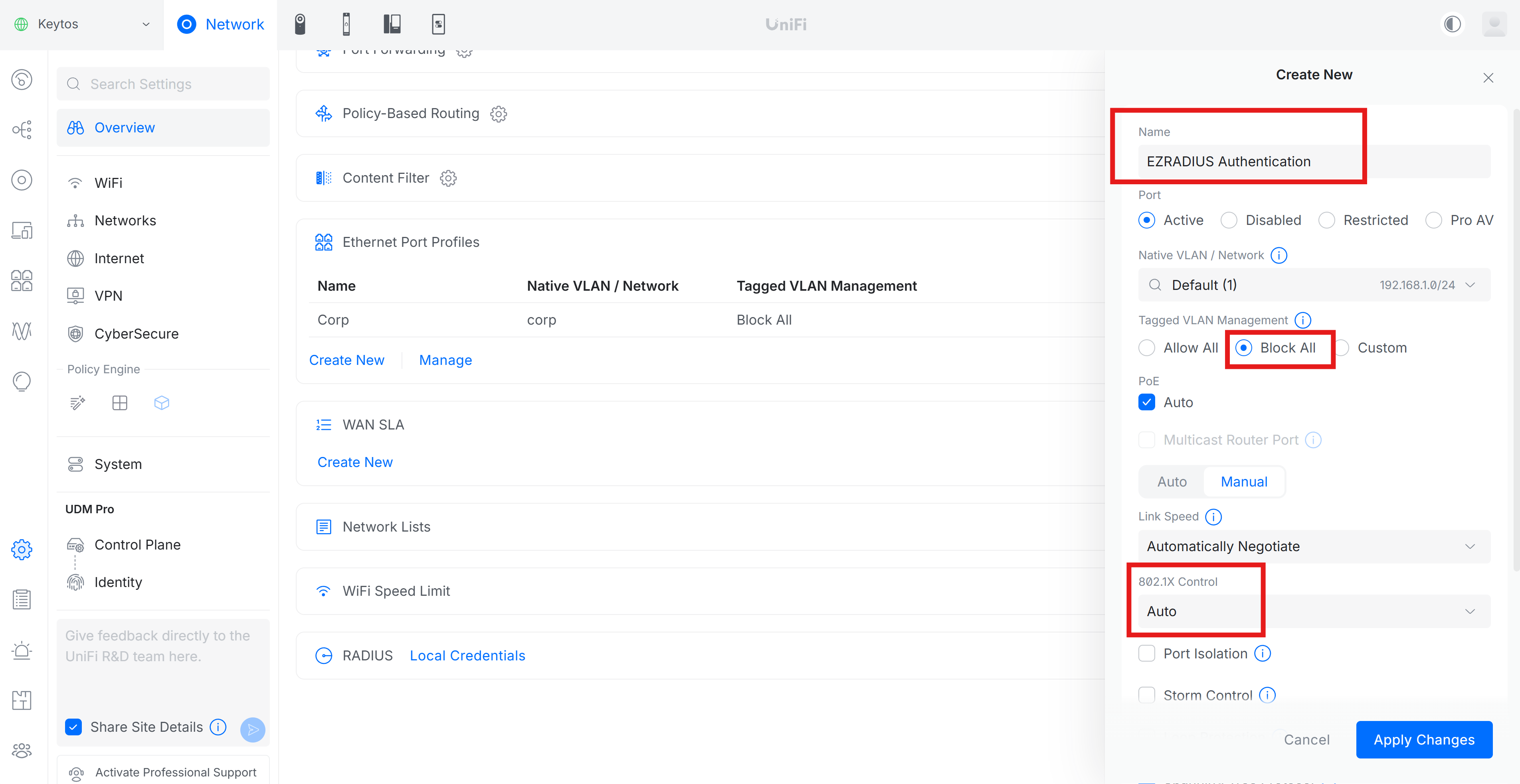 New Ethernet Port Profile in Unifi for EZRADIUS cloud RADIUS
