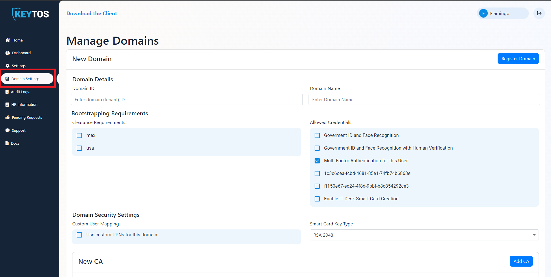 Domains Menu