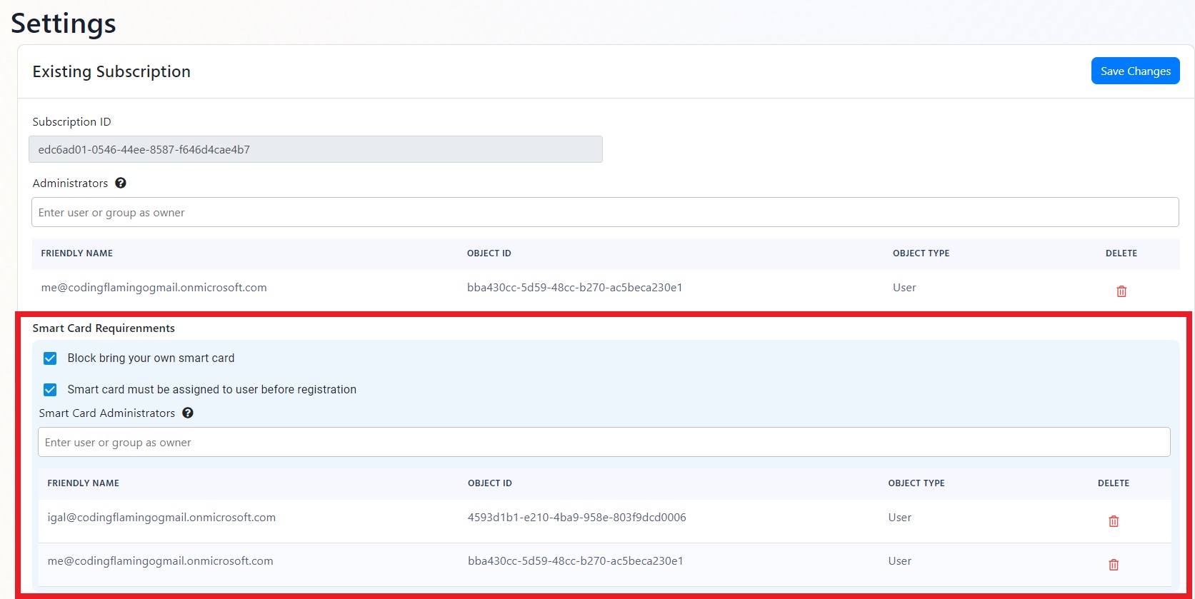 Settings smart card requirements Setup