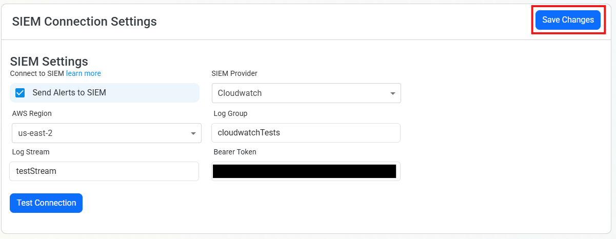 EZCMS SIEM Settings Save Changes