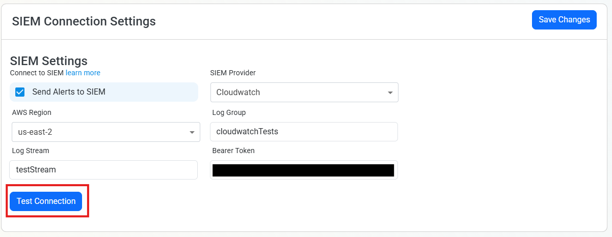 CloudWatch Paste Values and Test Connection