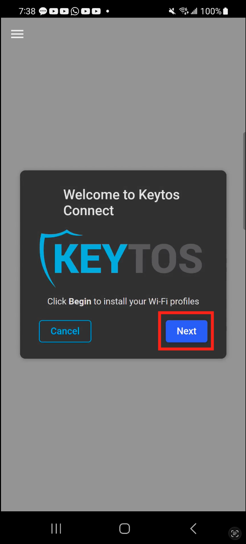 Upon first launch Keytos Connect will guide you through the profile installation process.