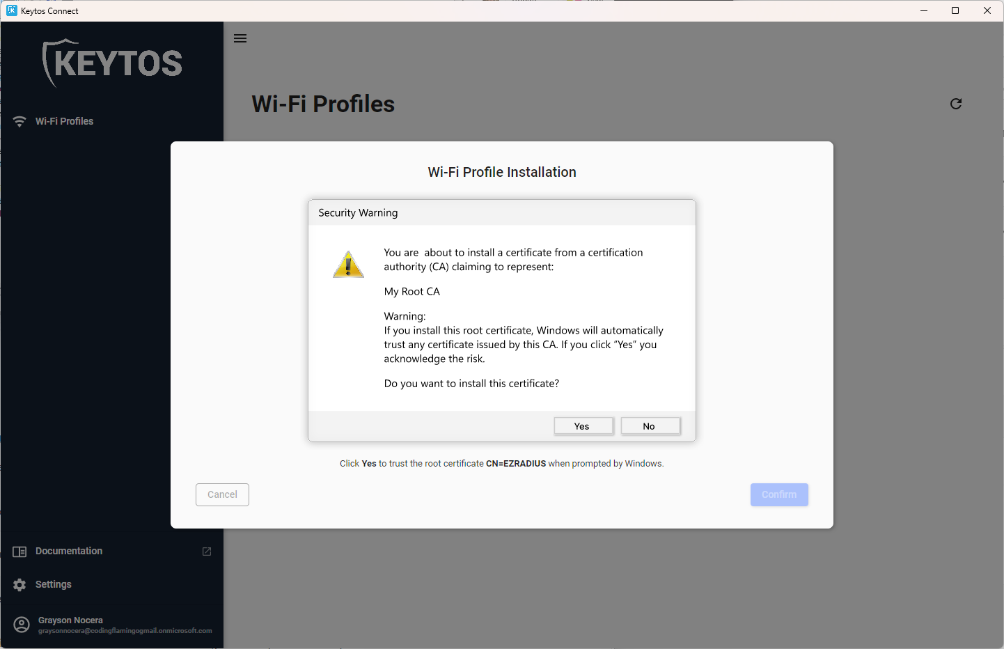 Certificate prompt asking you to confirm the trusted certificate installation.