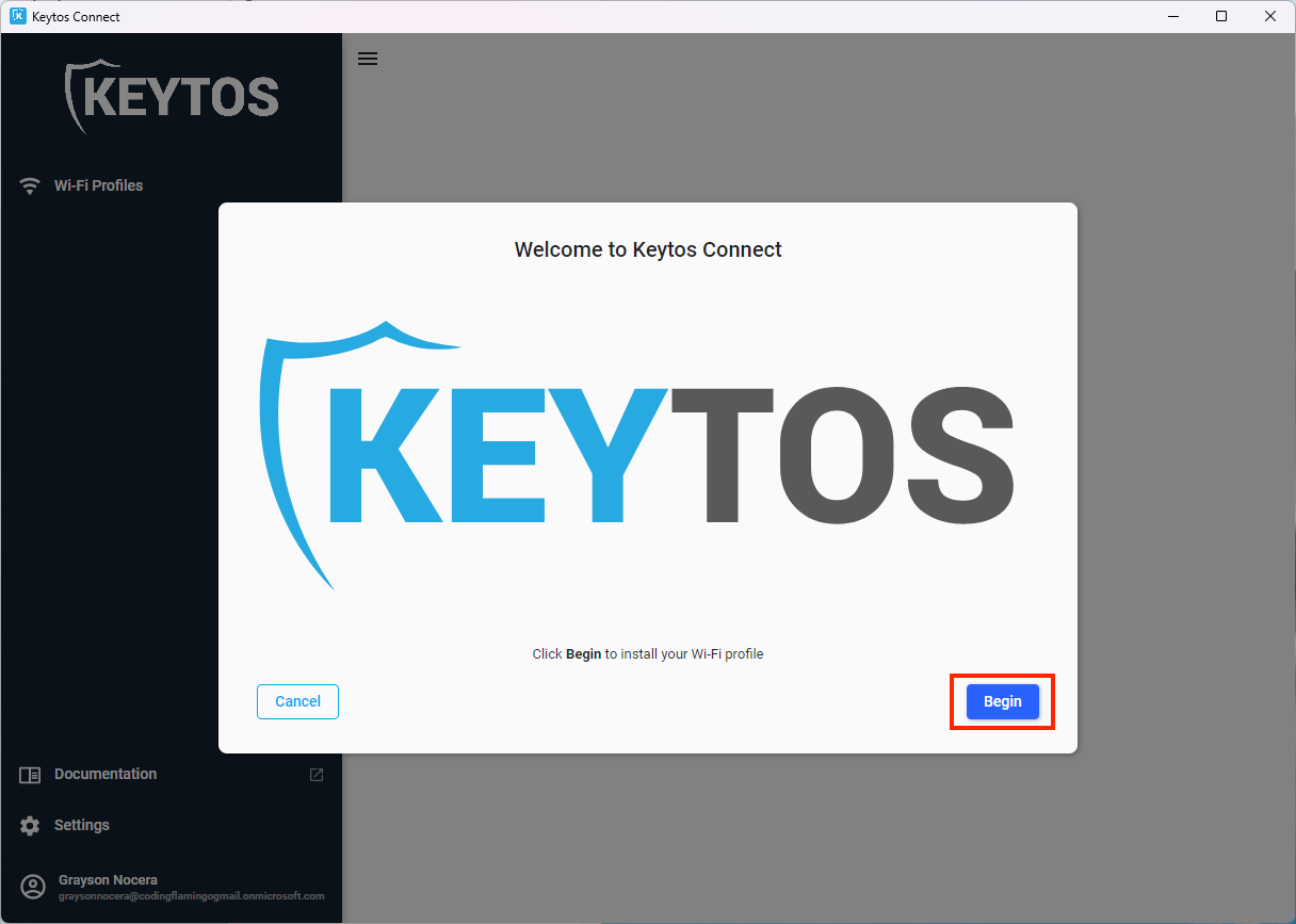 Upon first launch Keytos Connect will guide you through the profile installation process.