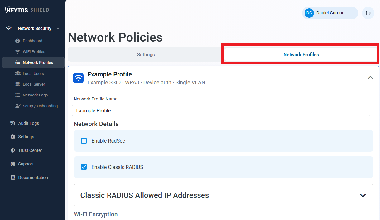 Keytos Shield Network Policies with the Network Profiles tab highlighted