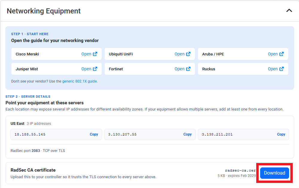 Keytos Shield Network Policies with the RadSec CA Certificate Download button highlighted