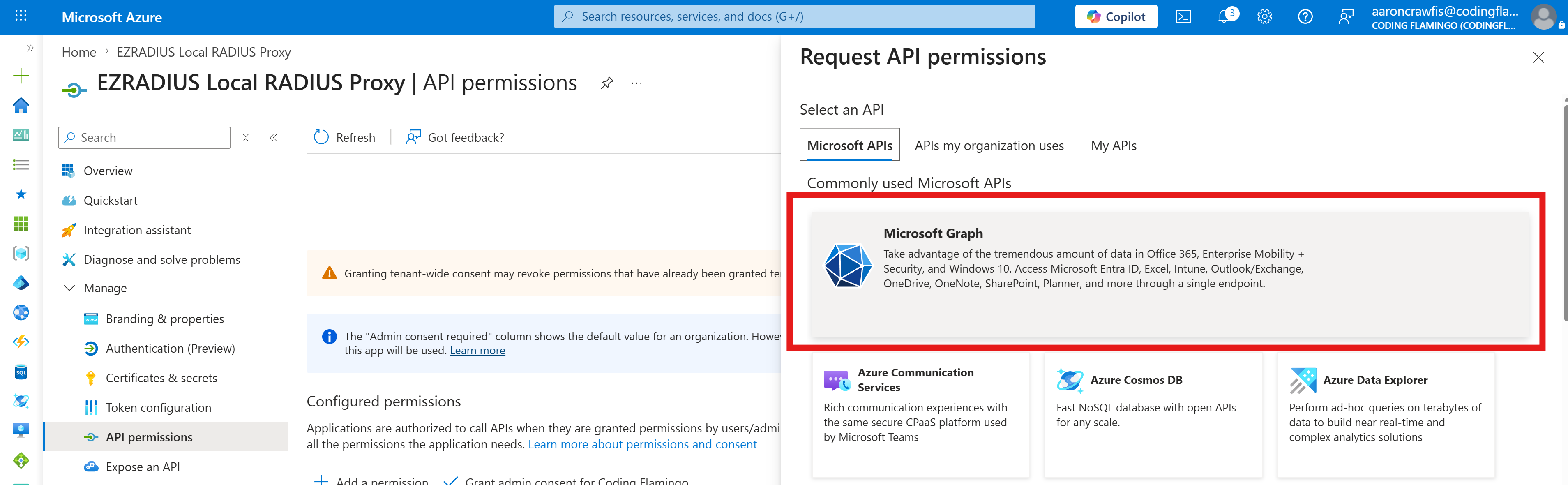 Select Microsoft Graph API for the Local RADIUS server Application in Entra ID