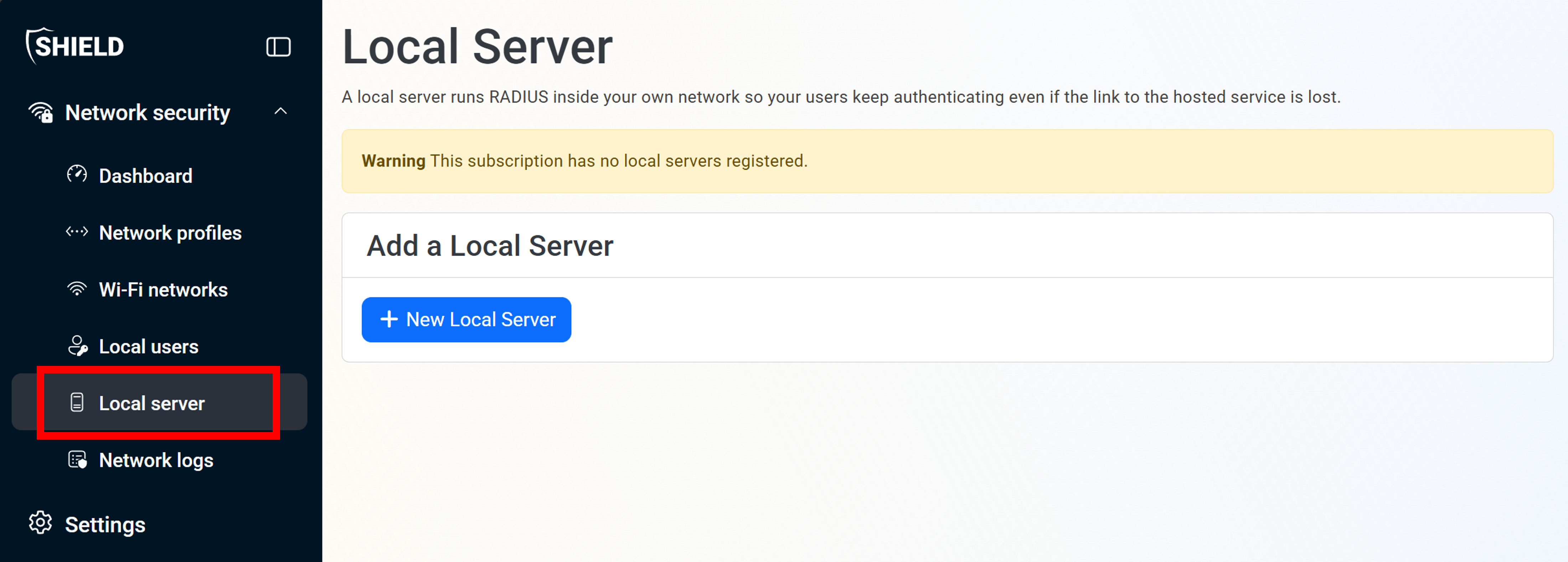 Local Server section in Keytos Shield for Local RADIUS