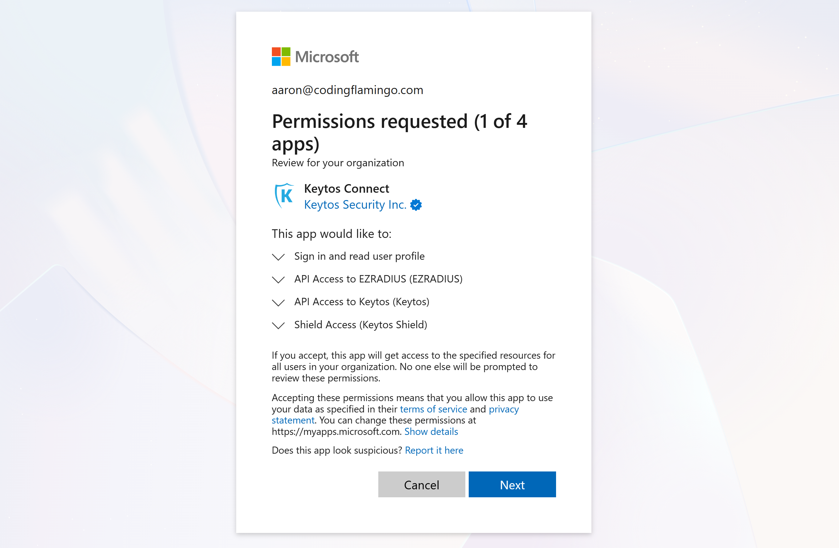 Register the Keytos Connect application in Entra ID.