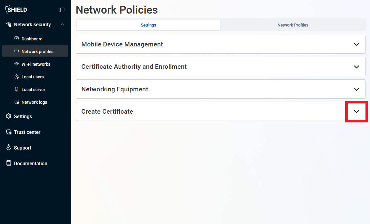 Keytos Shield Network Profiles page with Create Certificate section highlighted