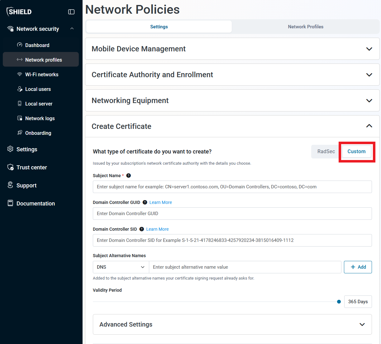 Keytos Shield Network Profiles page with Server Certificate button highlighted
