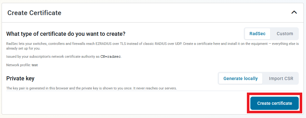 Keytos Shield Network Profiles Page with create RadSec client certificate button highlighted
