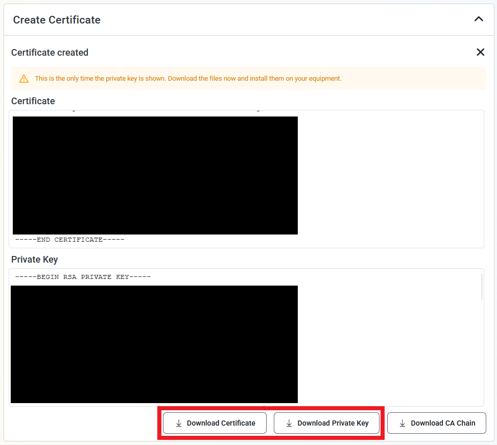 Keytos Shield Network Profiles Page with download RadSec client certificate and private key button highlighted