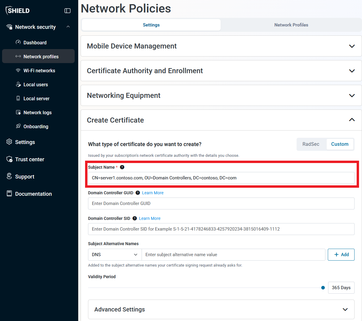 Keytos Shield create a new Domain Controller certificate with Subject Name highlighted
