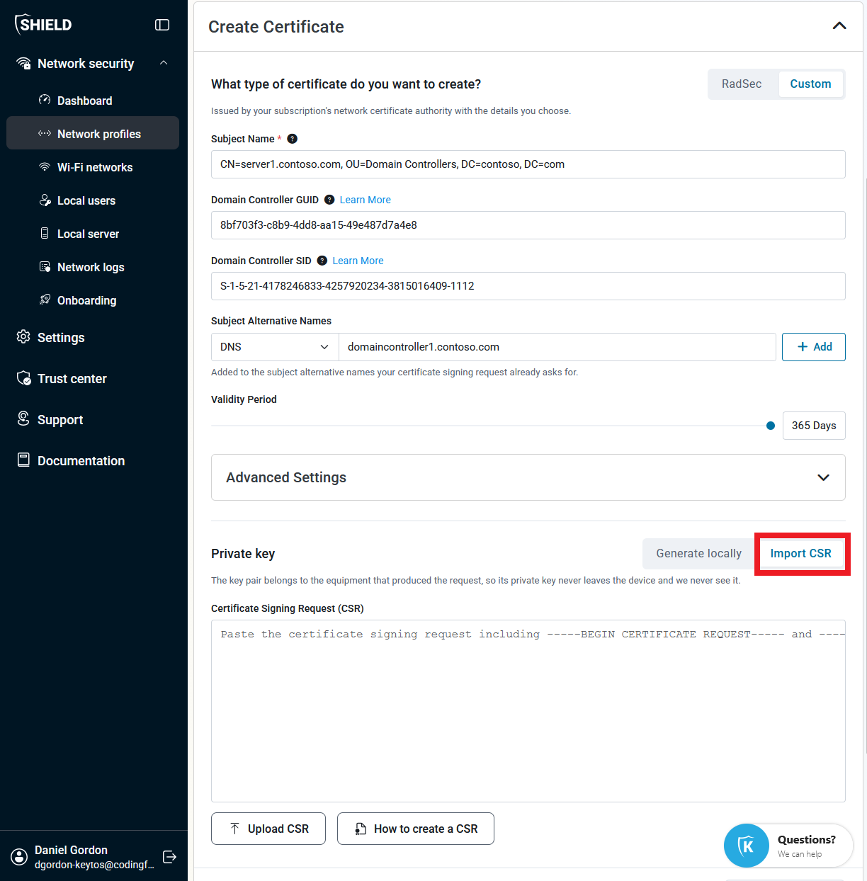 Keytos Shield create certificate page for domain controllers with import CSR button highlighted