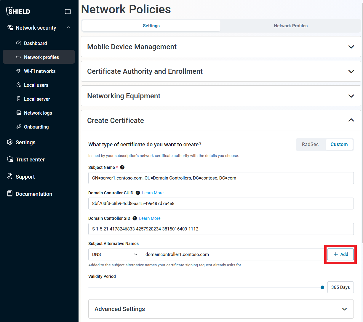 Keytos Shield create server certificate page for with add DNS names button highlighted