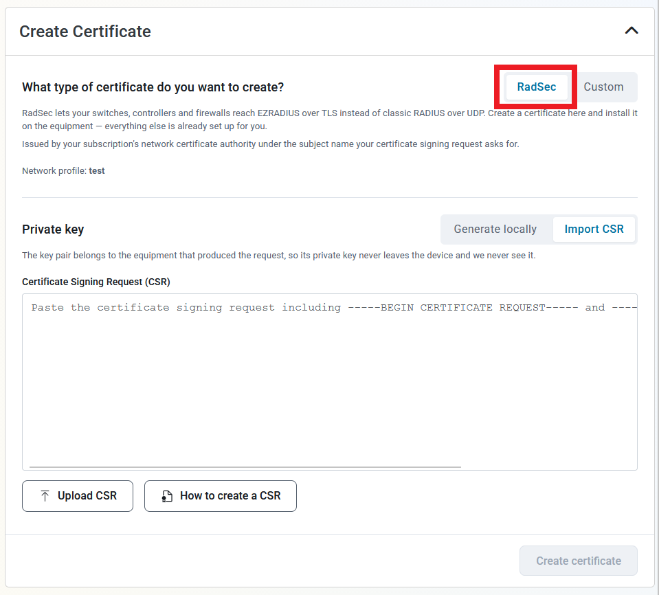 Keytos Shield Network Profiles page with RadSec button highlighted