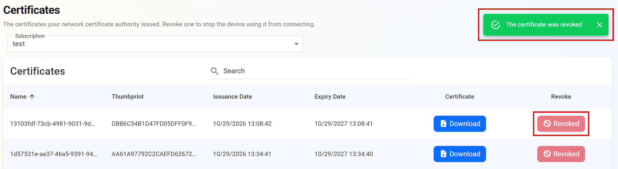 Keytos Shield Certificates page with The certificate was revoked message and Revoked button highlighted for the revoked certificate