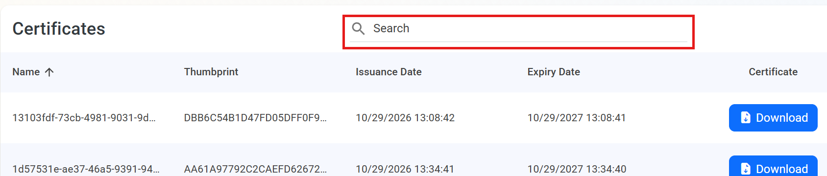 Keytos Shield Certificates page with Search box highlighted above the list of issued network certificates