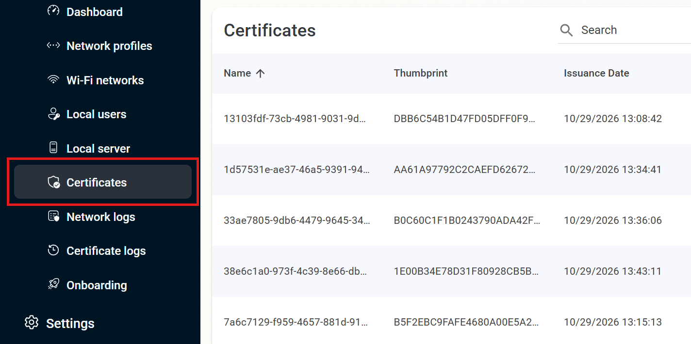 Keytos Shield left-hand menu with Certificates highlighted under Network security above the list of issued certificates