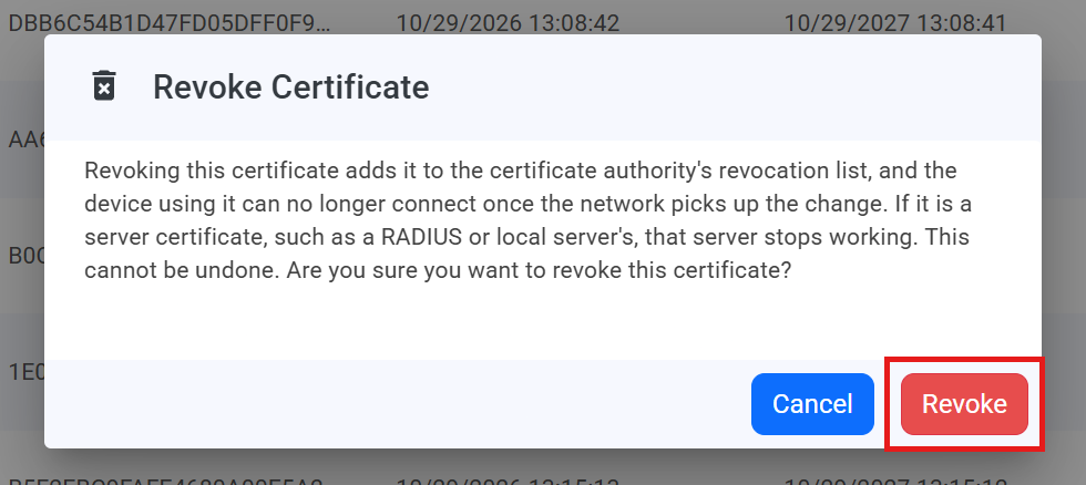 Keytos Shield Revoke Certificate confirmation dialog with Revoke button highlighted warning that the action cannot be undone
