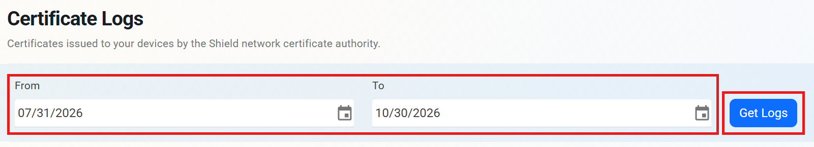 Keytos Shield Certificate Logs page with From and To date fields and Get Logs button highlighted