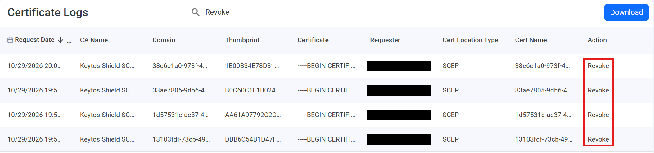 Keytos Shield Certificate Logs table filtered by Revoke with Action column highlighted showing revoked certificates