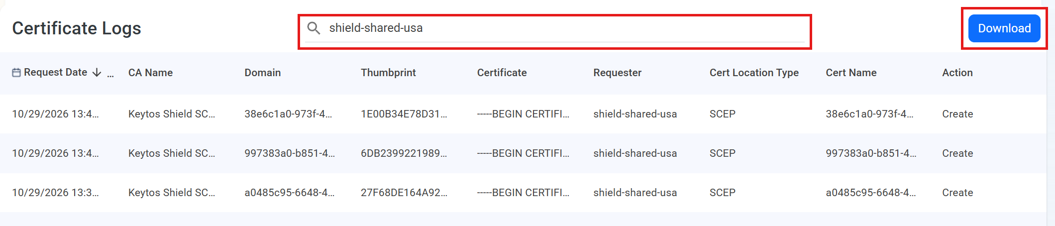 Keytos Shield Certificate Logs table with Search box and Download button highlighted showing SCEP certificate requests