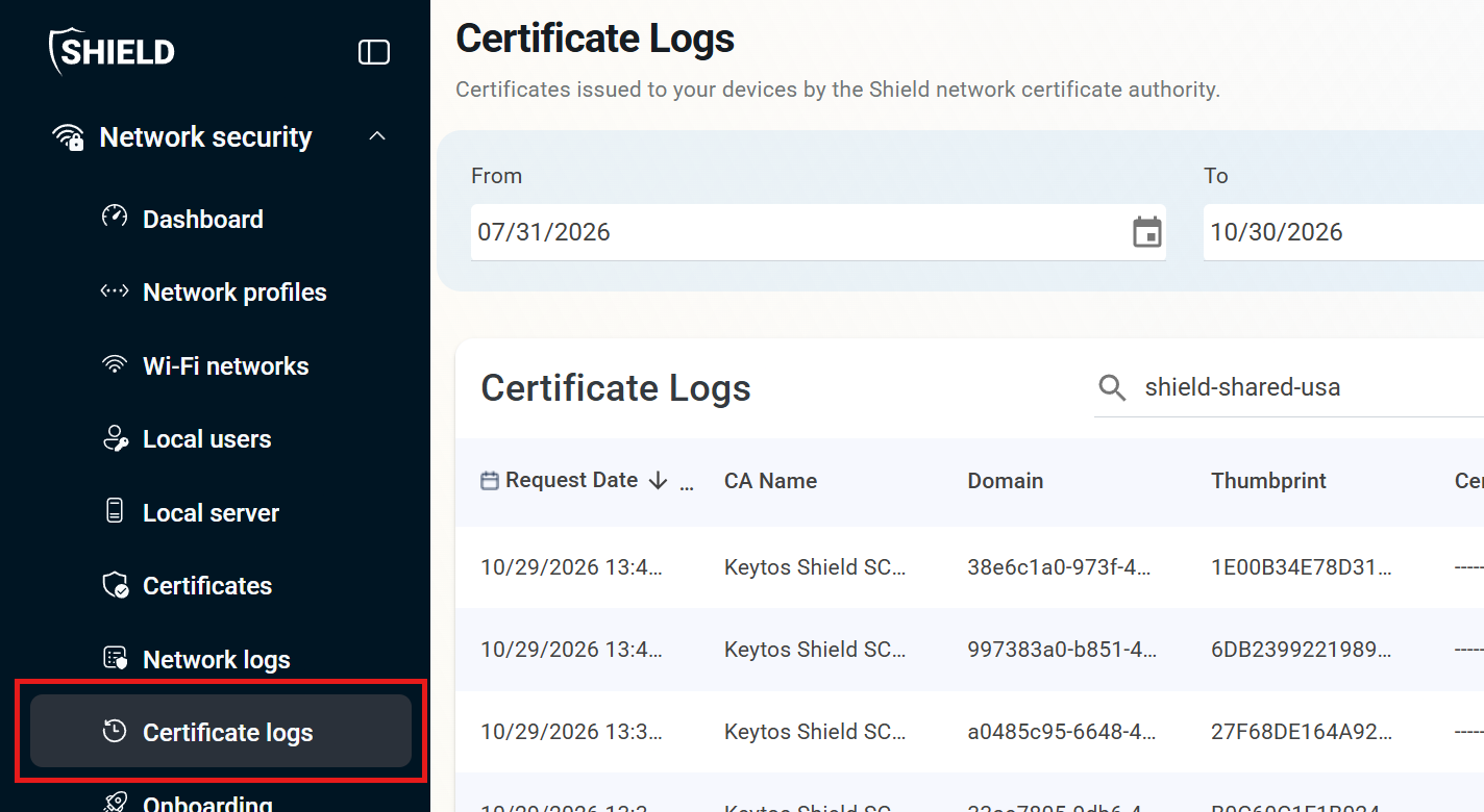 Keytos Shield left-hand menu with Certificate logs highlighted under Network security