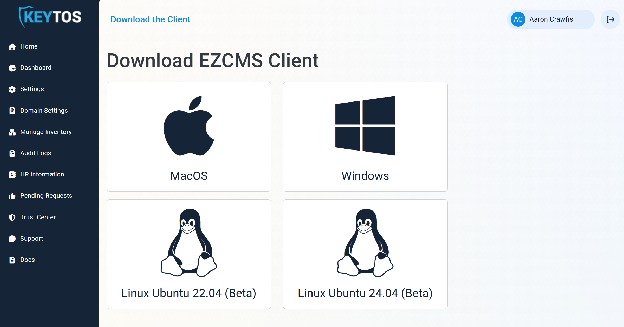Screenshot of the EZCMS dashboard showing the 'Download the Client' button and operating system options.