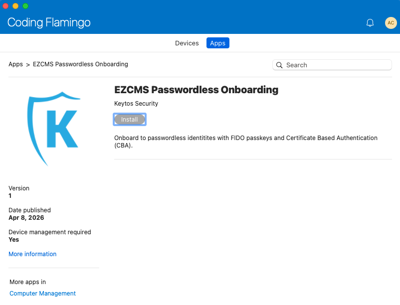 Screenshot of the Company Portal installing the EZCMS application on a user's macOS device.