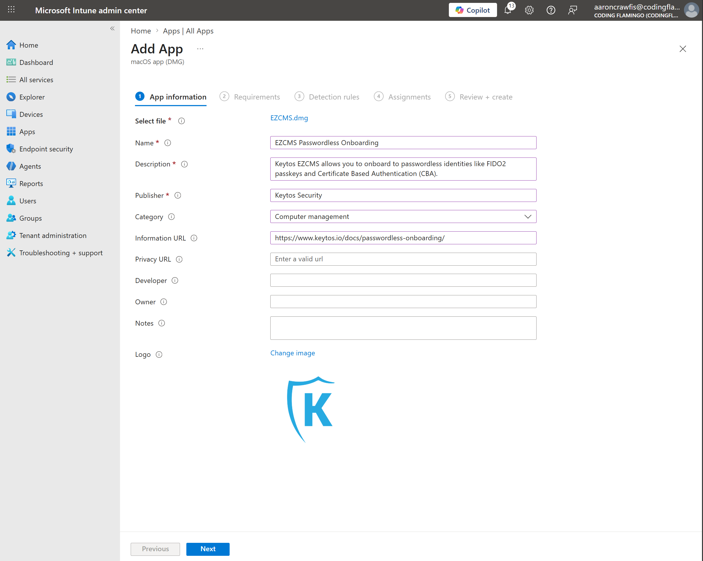 Screenshot of the Intune Admin Center showing the app information fields for creating a new macOS app.