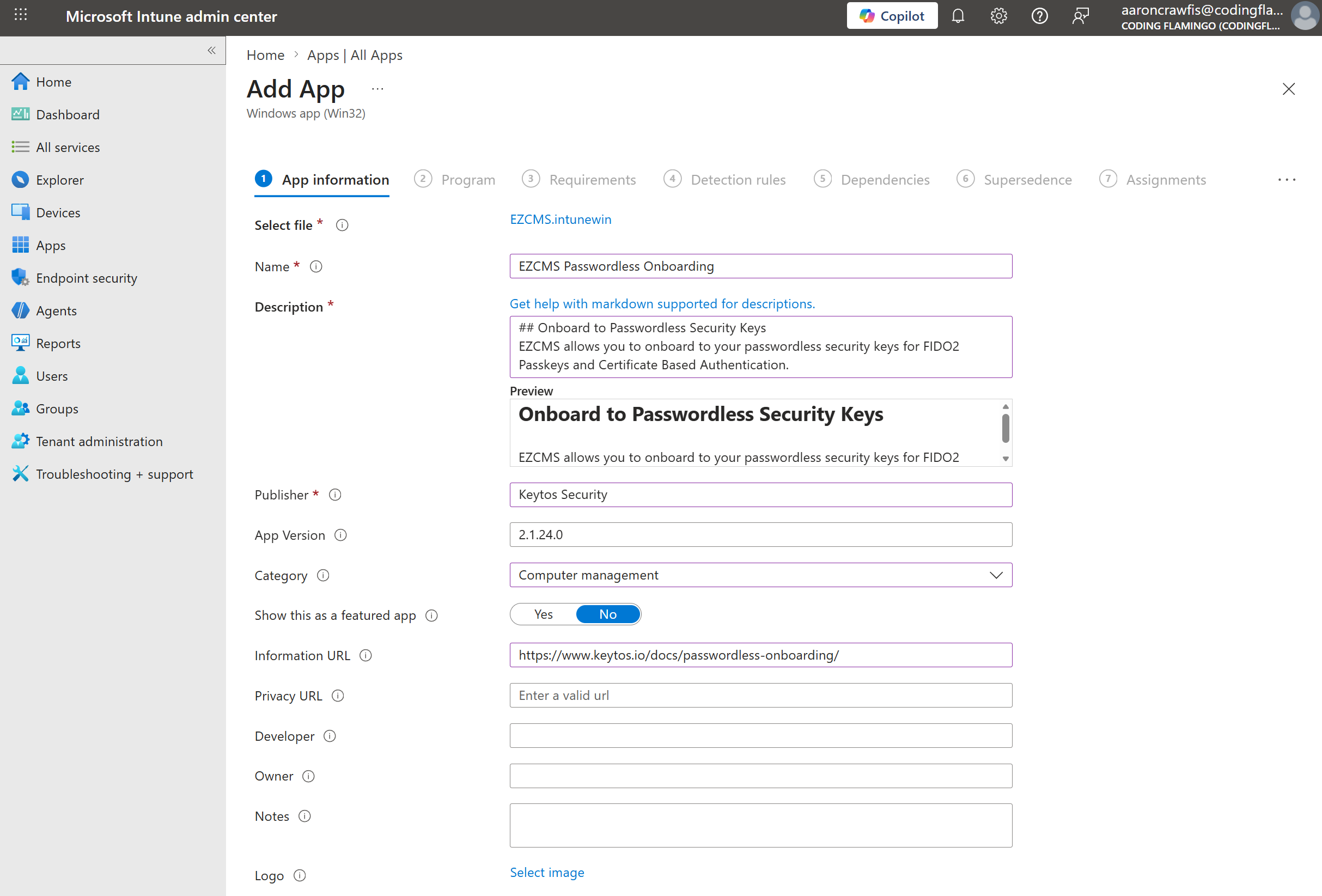 Screenshot of the Intune Admin Center showing the app information fields for creating a new Windows app.