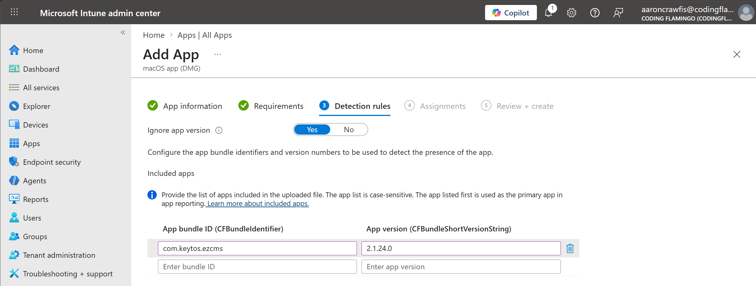 Screenshot of the Intune Admin Center showing the detection rules configuration for creating a new macOS app.