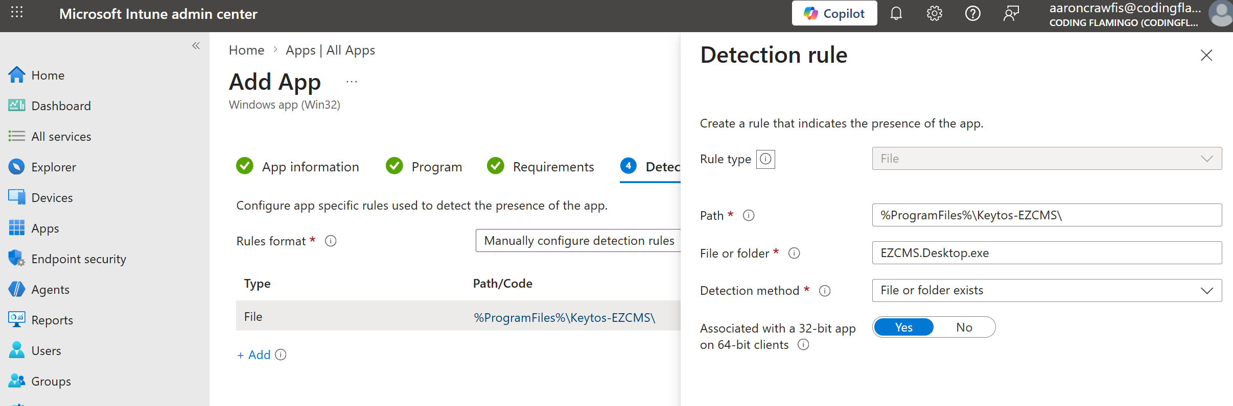 Screenshot of the Intune Admin Center showing the detection rules configuration for creating a new Windows app.