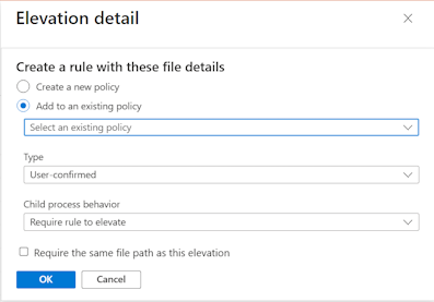 Screenshot of the Intune Admin Center showing the configuration options for creating a new Endpoint Privilege Management rule.