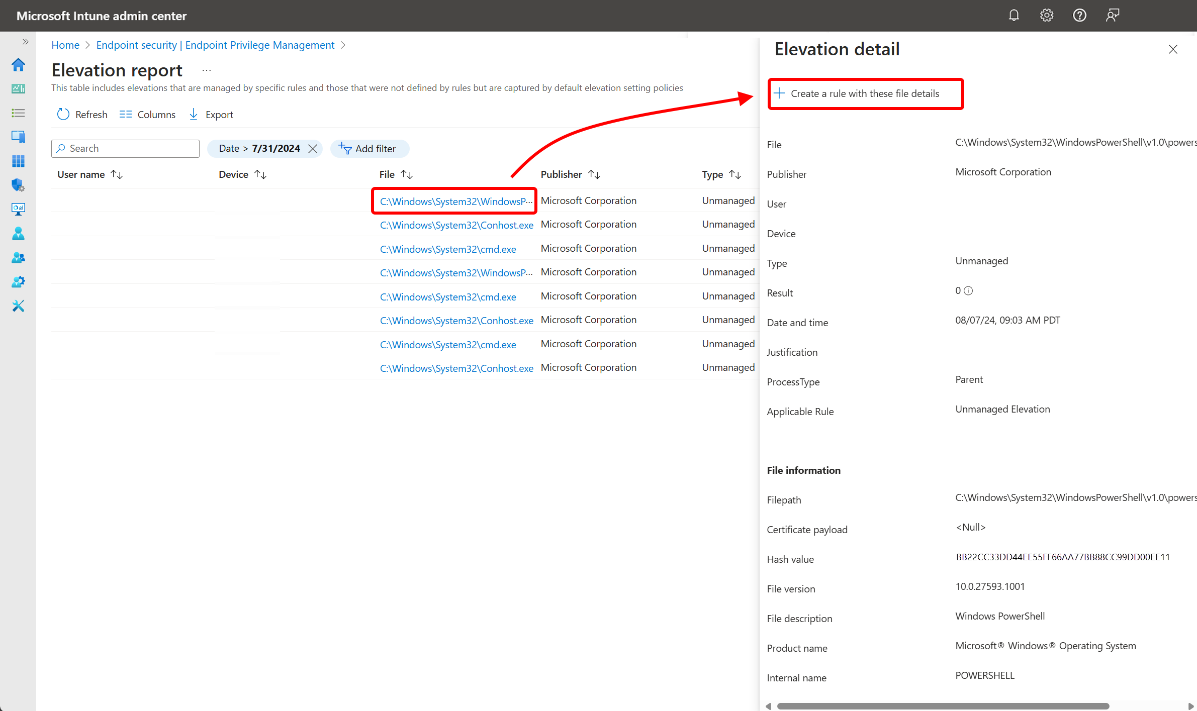 Screenshot of the Intune Admin Center showing the option to create a new Endpoint Privilege Management rule based on an elevation event.
