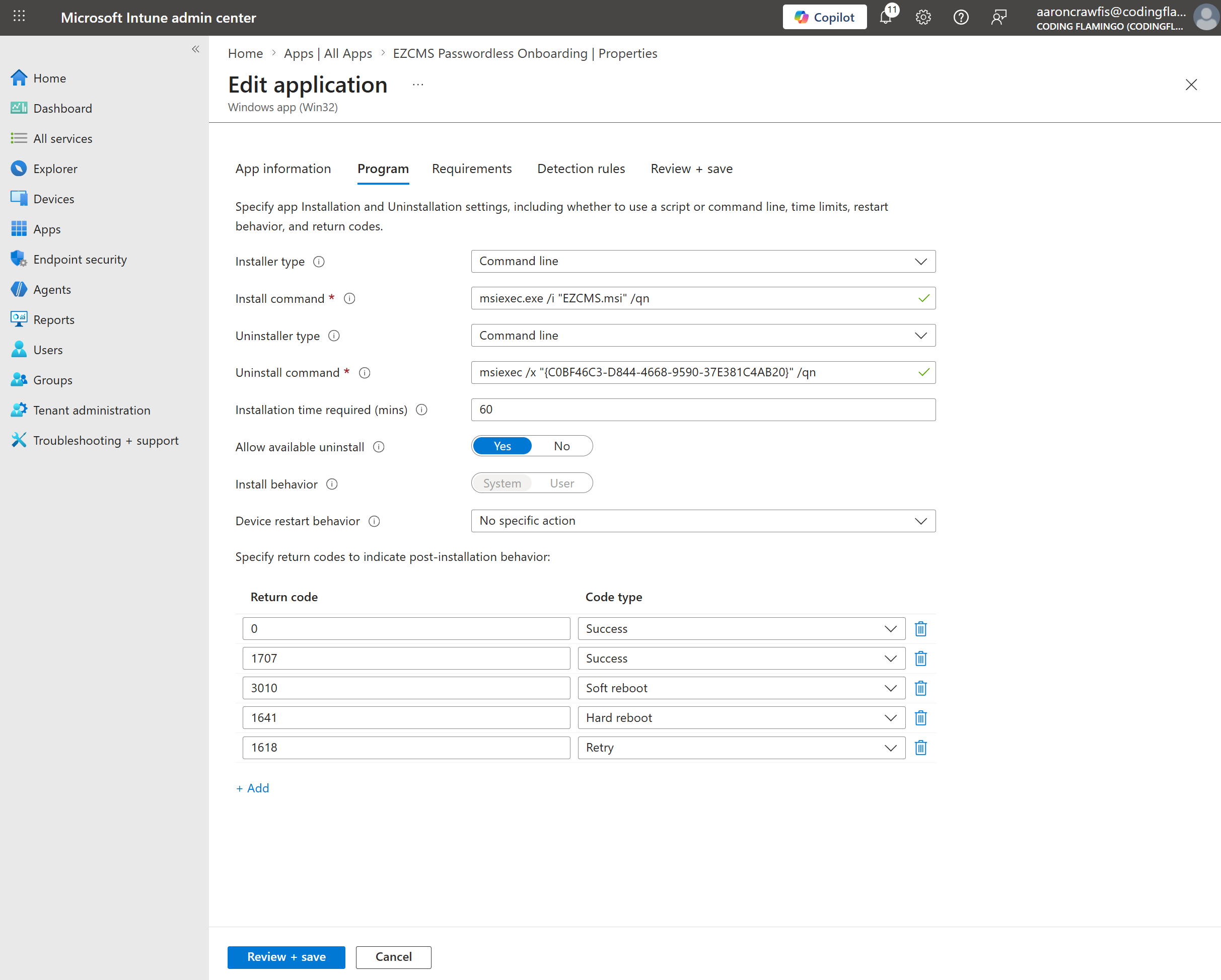 Screenshot of the Intune Admin Center showing the program configuration fields for creating a new Windows app.