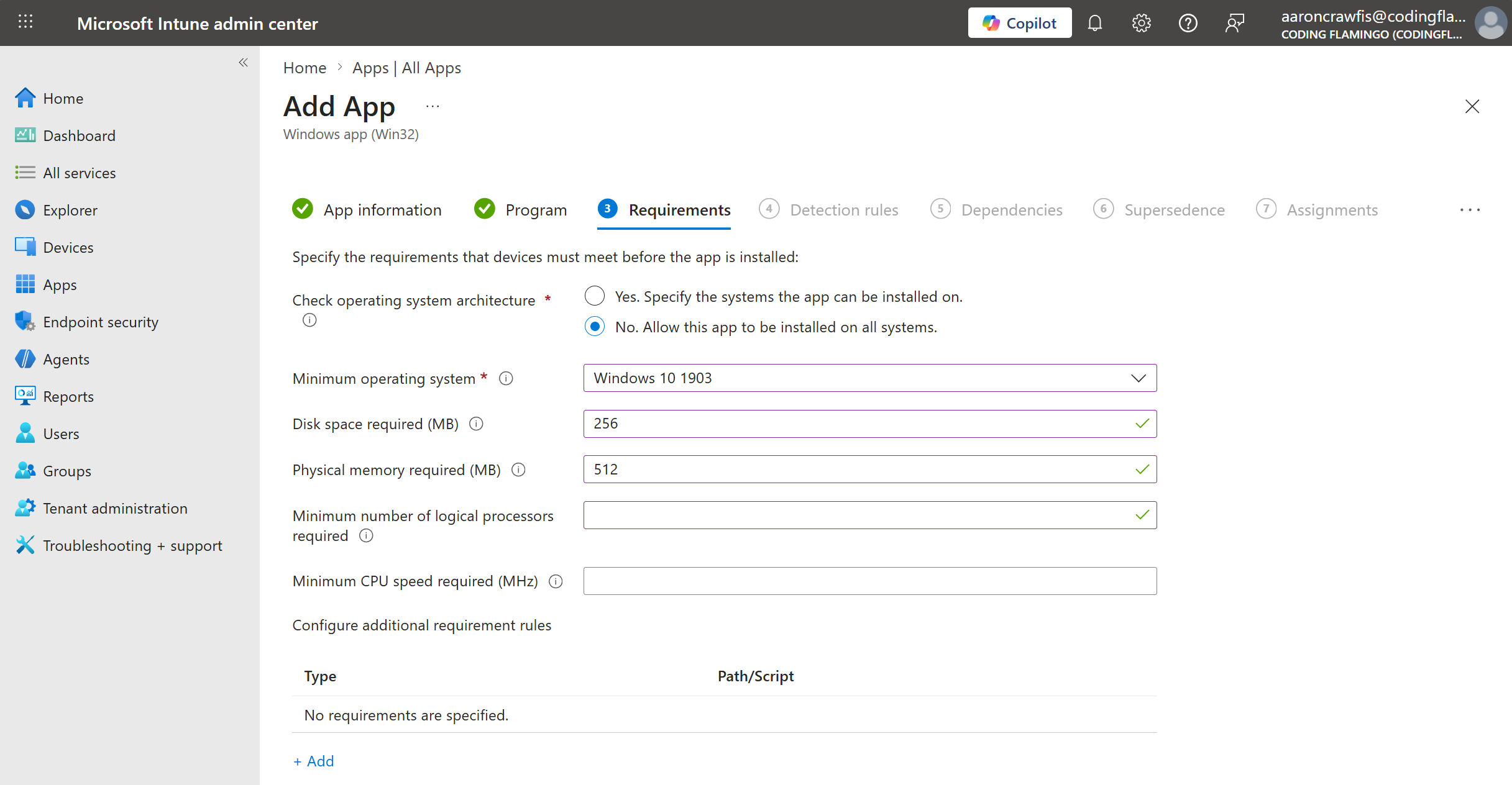 Screenshot of the Intune Admin Center showing the device requirements configuration fields for creating a new Windows app.