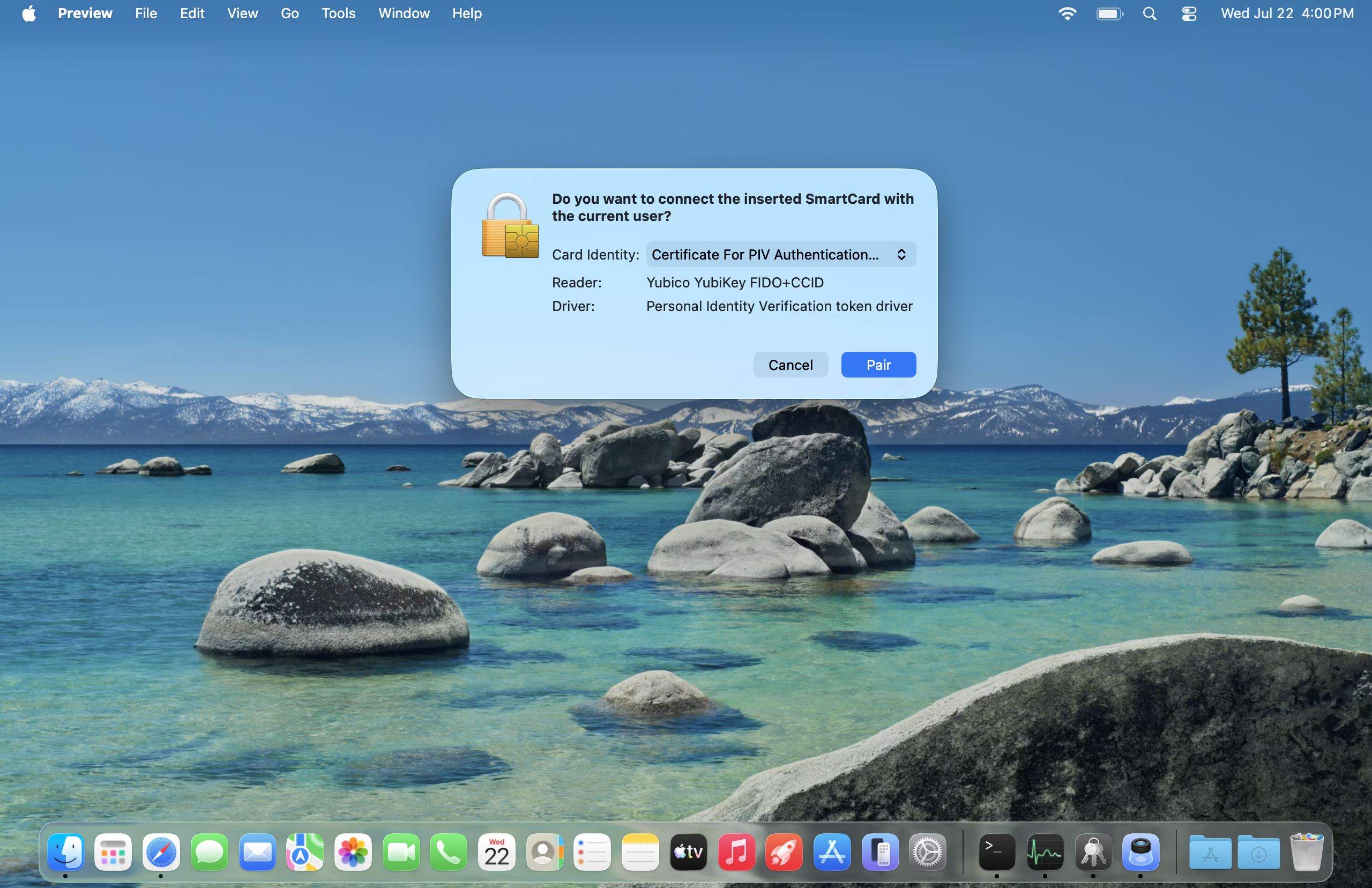 macOS prompts you to select your Security Key or Smart Card to pair with your account
