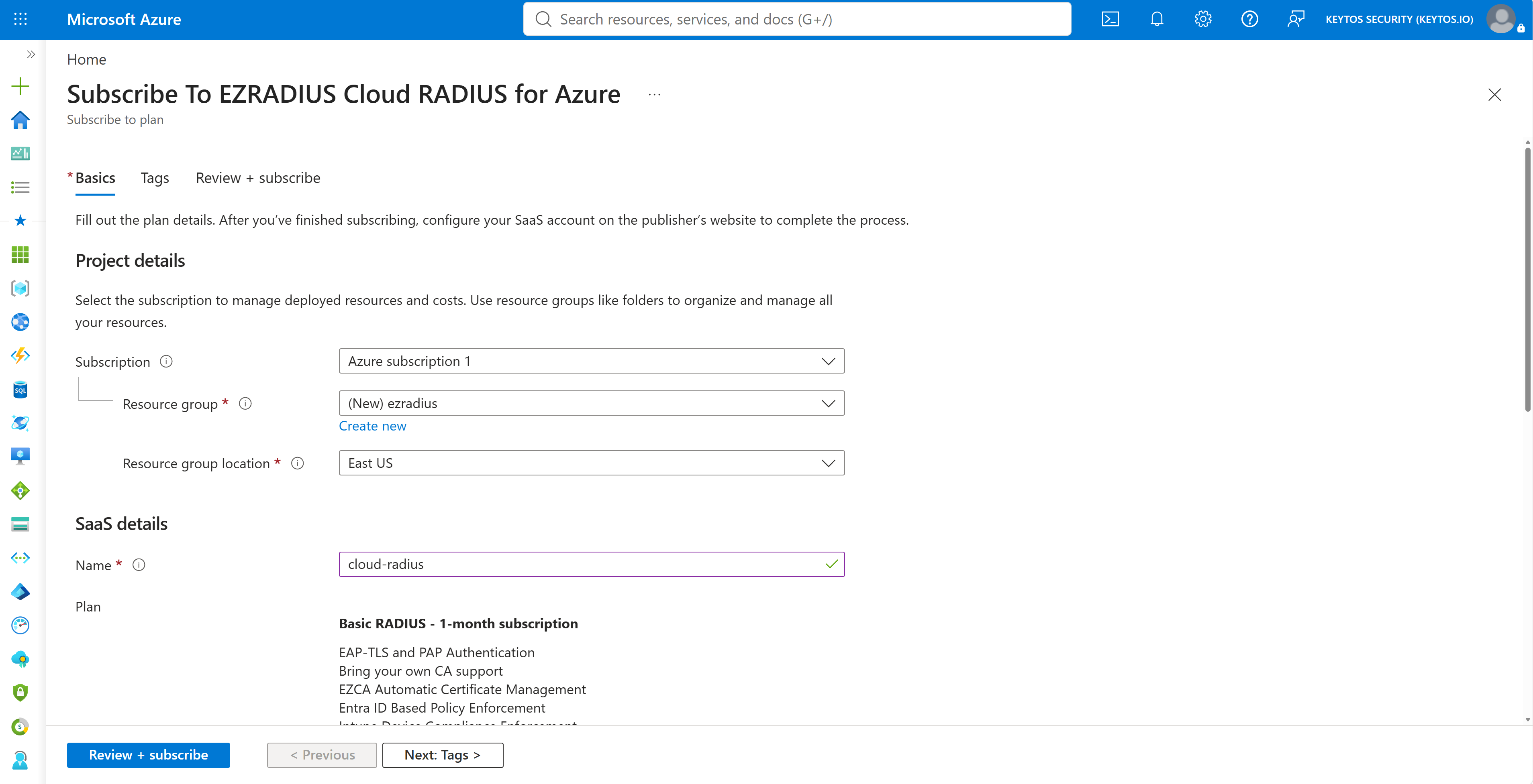 Screenshot of EZRADIUS Cloud RADIUS deployment from Microsoft Azure Marketplace
